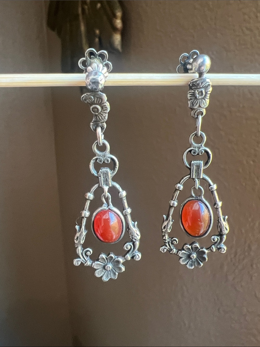 Antique Art Nouveau Silver Floral Drop Earrings with Red Carnelian Gemstones
